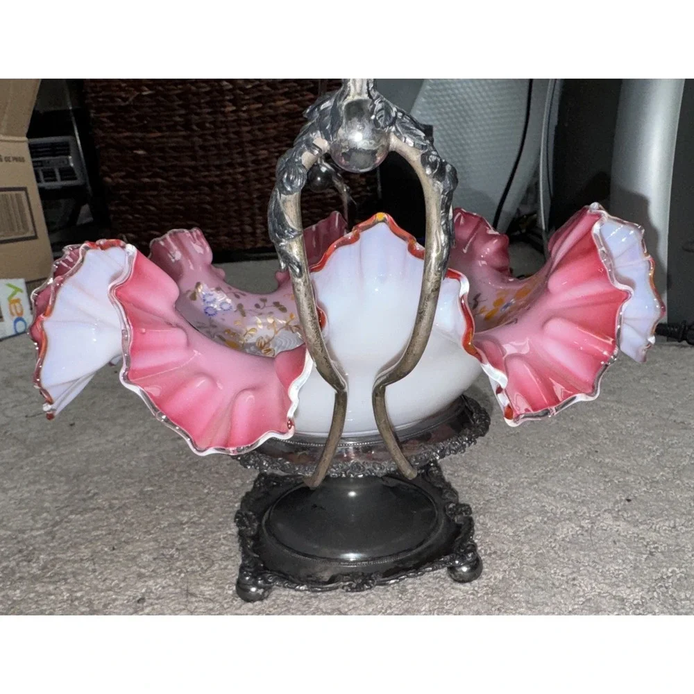 Victorian Pink Cranberry Bride's Basket | E.G Webster Quadruple Silverplate 1880
